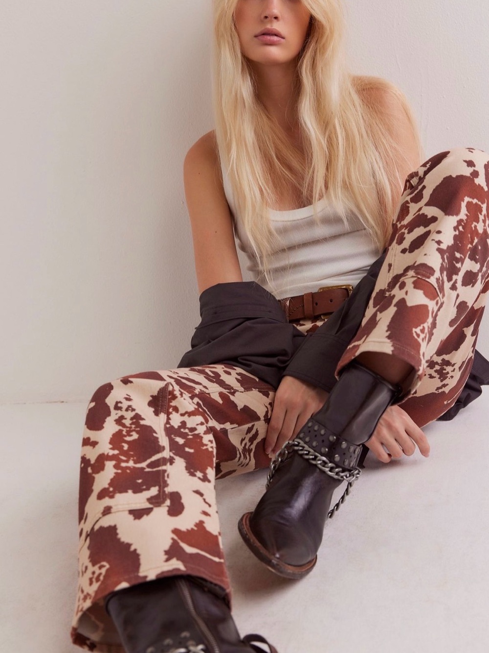 We the Free- Cow Print High-Rise Wide-Leg Pants - Brown/Cream
